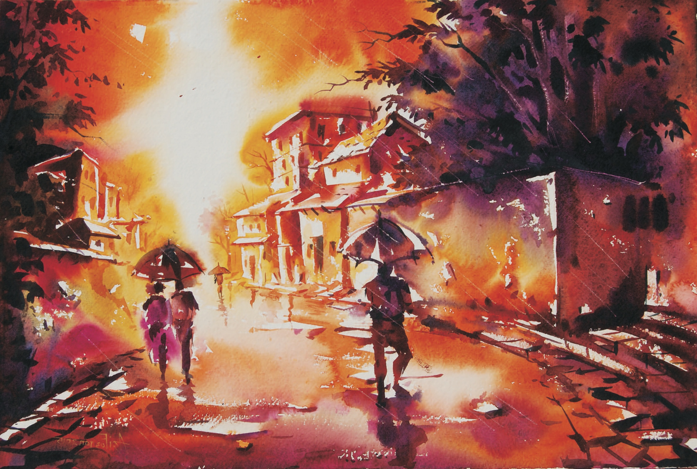 Monsoon Reflections: Wet Streets at Dusk
